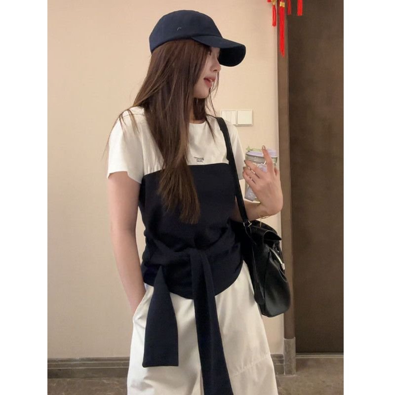 Vapetix S-XL Women's Summer Slimming Elegant Versatile Two-Piece Collarless T-Shirt with Pure Cotton Straps