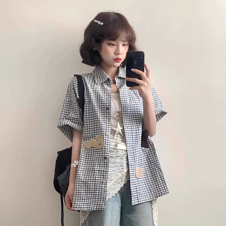 Vapetix S-2XL Women's 2025 Summer Short Sleeve Gingham Shirt in Japanese Retro Loose Casual College Style Thin Bl – Bild 5