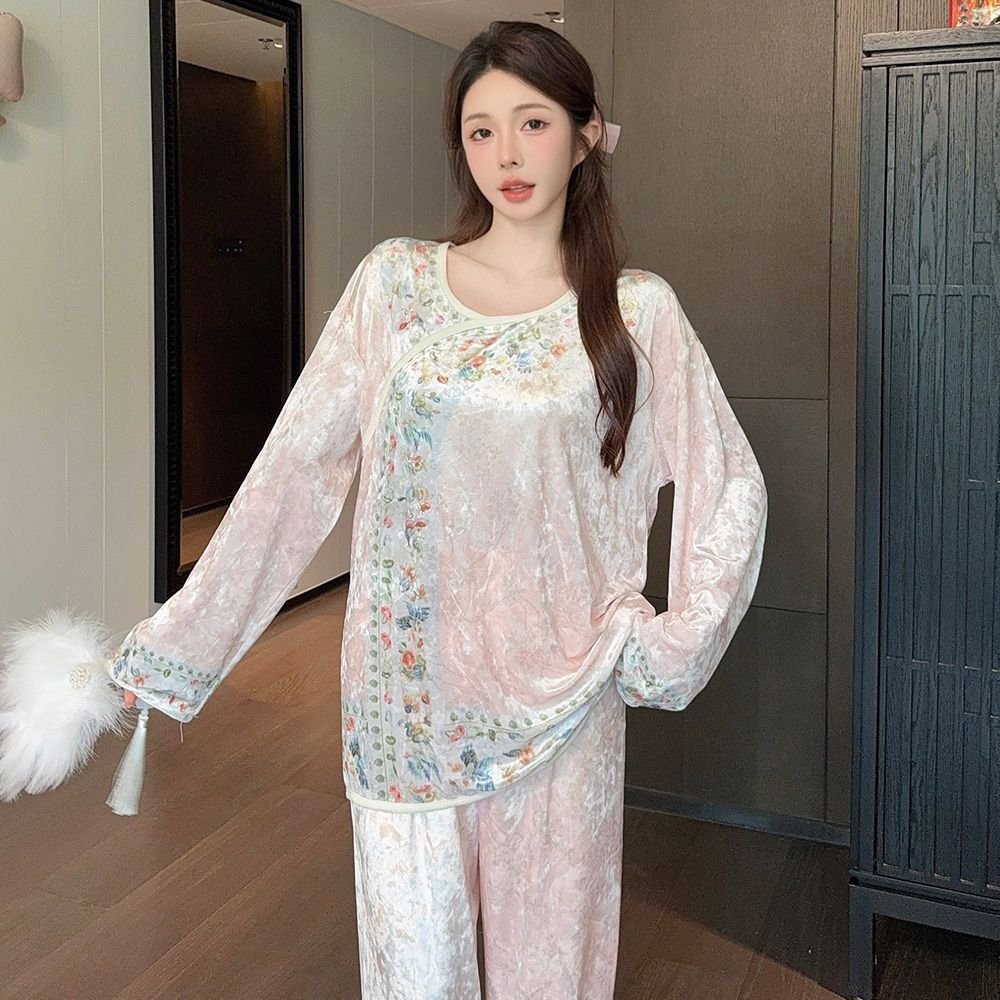 Vapetix M-XXL Modern Chinese Style National Flower Diamond Velvet Women's Autumn/Winter 2025 Sweet Long Pants Out – Bild 2