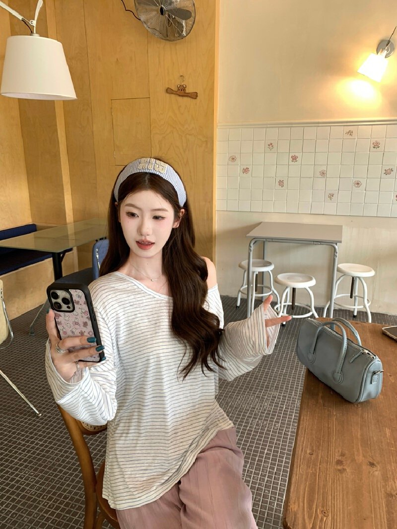 Vapetix S-XL Actual shot~ Gentle lazy off-shoulder striped long-sleeved T-shirt for women, summer loose off-shou – Bild 2