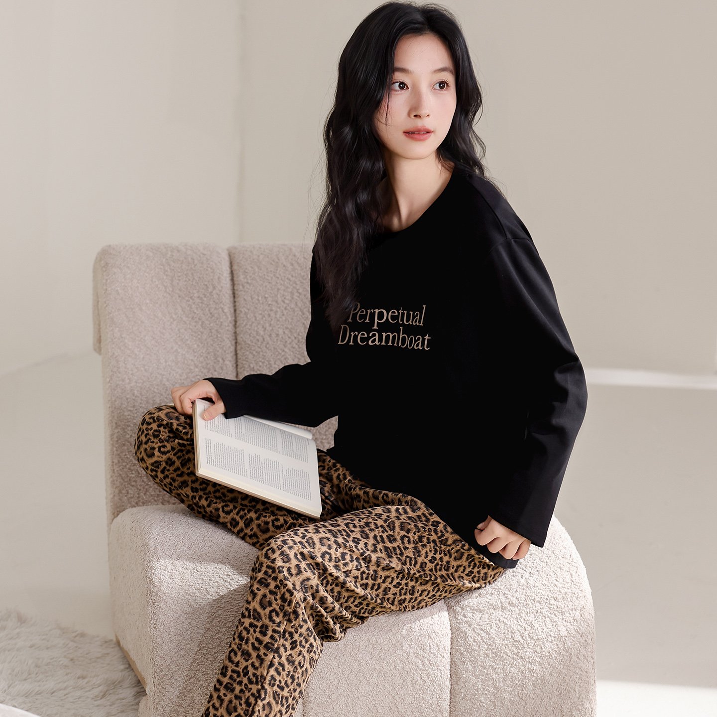 Vapetix M-XXL Qiao Mengran Women's 2025 Autumn Pure Cotton Crew Neck Long Sleeve Long Pants Pajama Set Casual Com – Bild 5