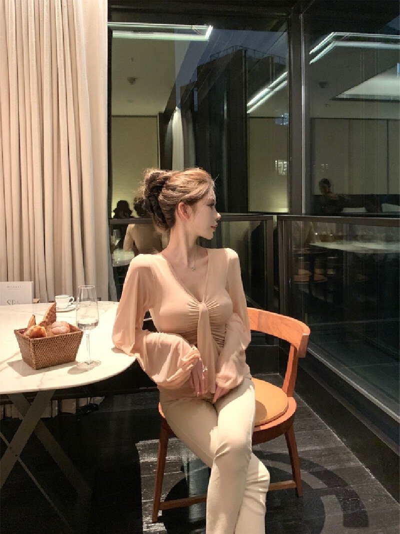 Vapetix S-L Kubiliv Misty Color Alluring Gentle Pure Desire Atmosphere Fitted Pleated V-Neck Elastic Long-Sleev – Bild 3