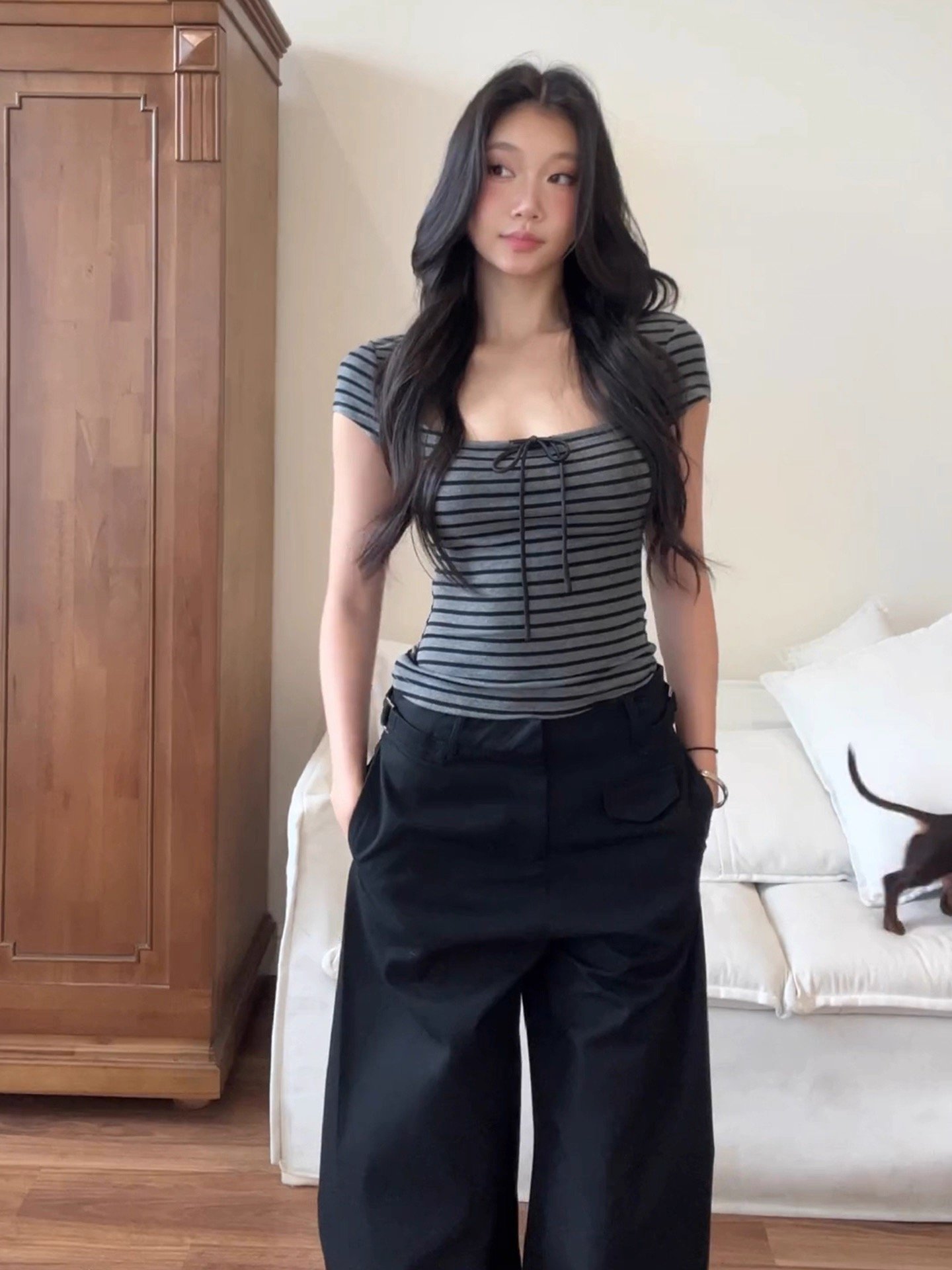 Vapetix S-L Guangzhou Fabric 1x1 Cotton Ribbed Korean Style U-Neck Button Striped Straight Shoulder Short Sleev – Bild 4