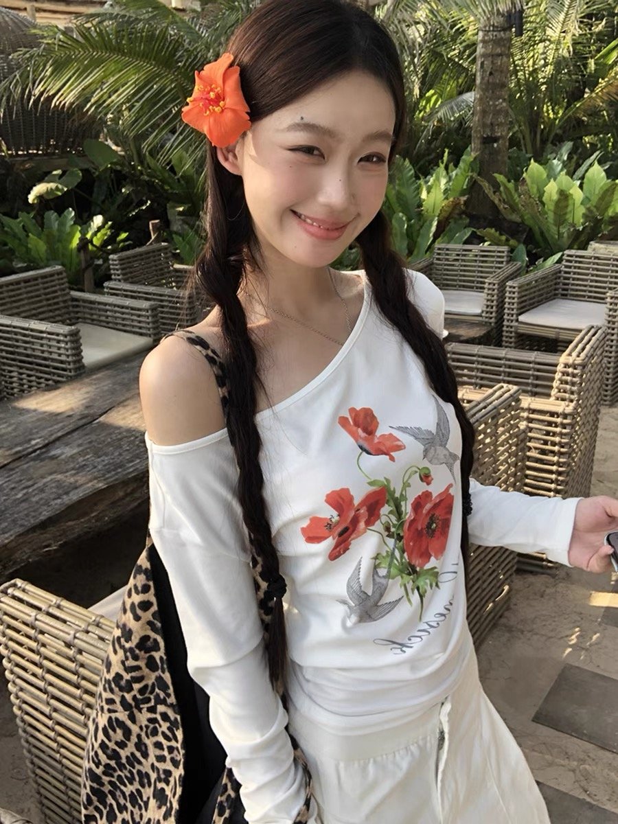 Vapetix M-2XL 【220g 92% cotton 8% spandex】 Off-shoulder American retro chic long-sleeved T-shirt for women, early