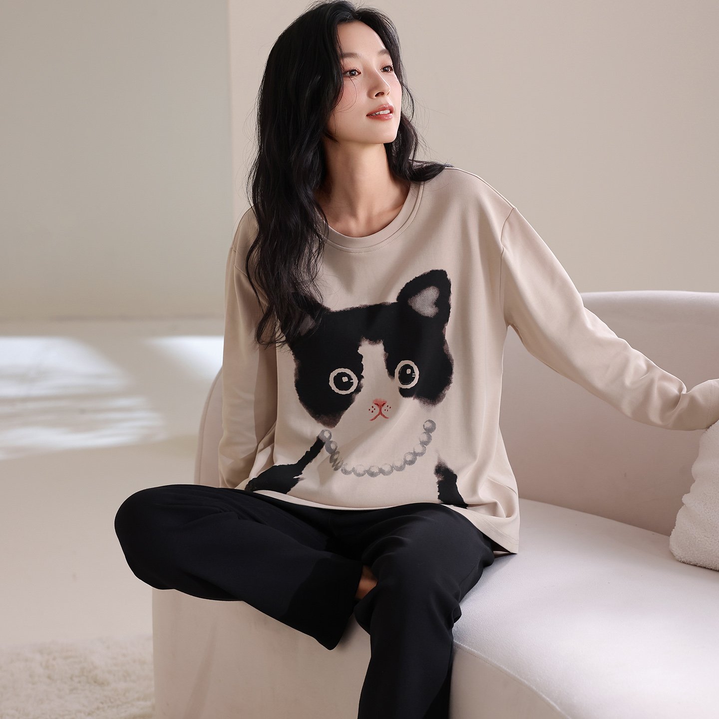 Vapetix M-XXL Jiao Mengran 2025 Autumn Pure Cotton Crew Neck Long Sleeve Pants Pajama Set for Women Leisure Comfo – Bild 5