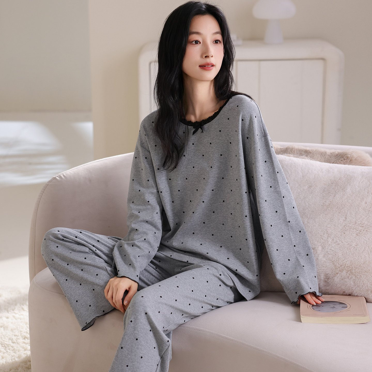 Vapetix M-XXL A set of pure cotton crew neck long sleeve long pants pajamas for women by Qiao Mengran, 2025 autum – Bild 2