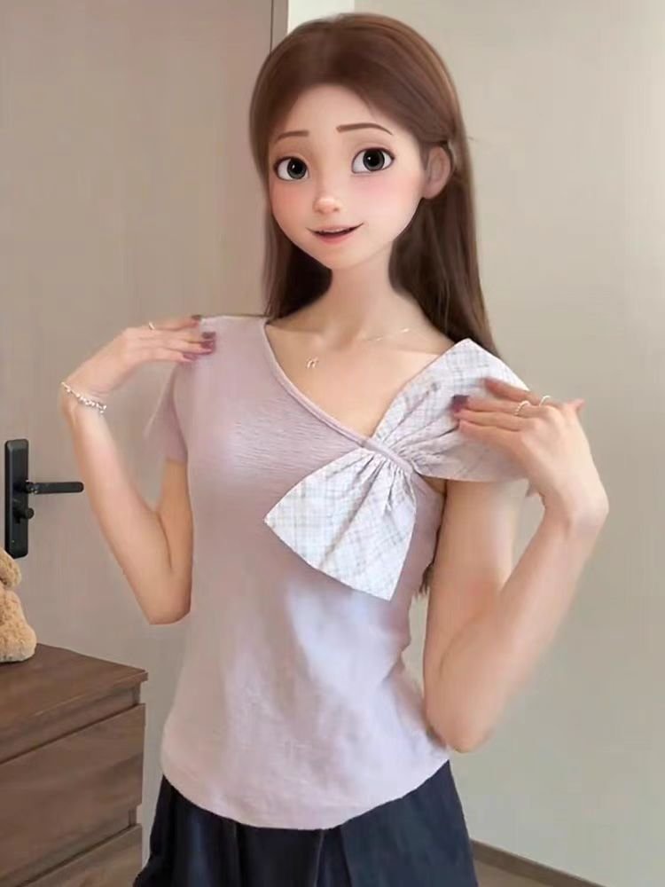 Vapetix S-XL Original Wrinkled Cotton Fabric Butterfly Bow Strapped Short-Sleeve Top for Women Short Length Figu – Bild 5