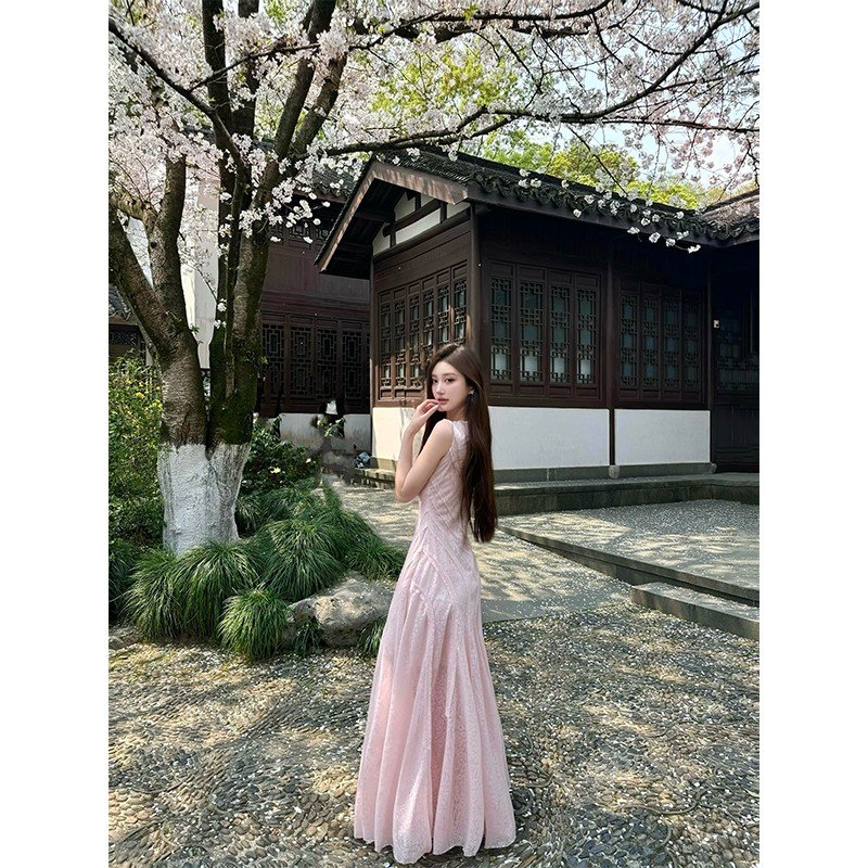 Vapetix S-XL Pink U-neck Sleeveless Vest Dress Women's Summer Slim-Fit Waist-Controlled Lace Skirt Design Sensua – Bild 5