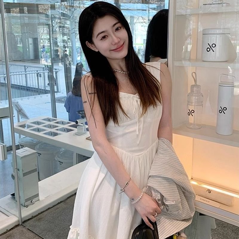 Vapetix S-2XL Small-size first love sweet and gentle square-neck white spaghetti-strap dress, French vacation sty – Bild 2