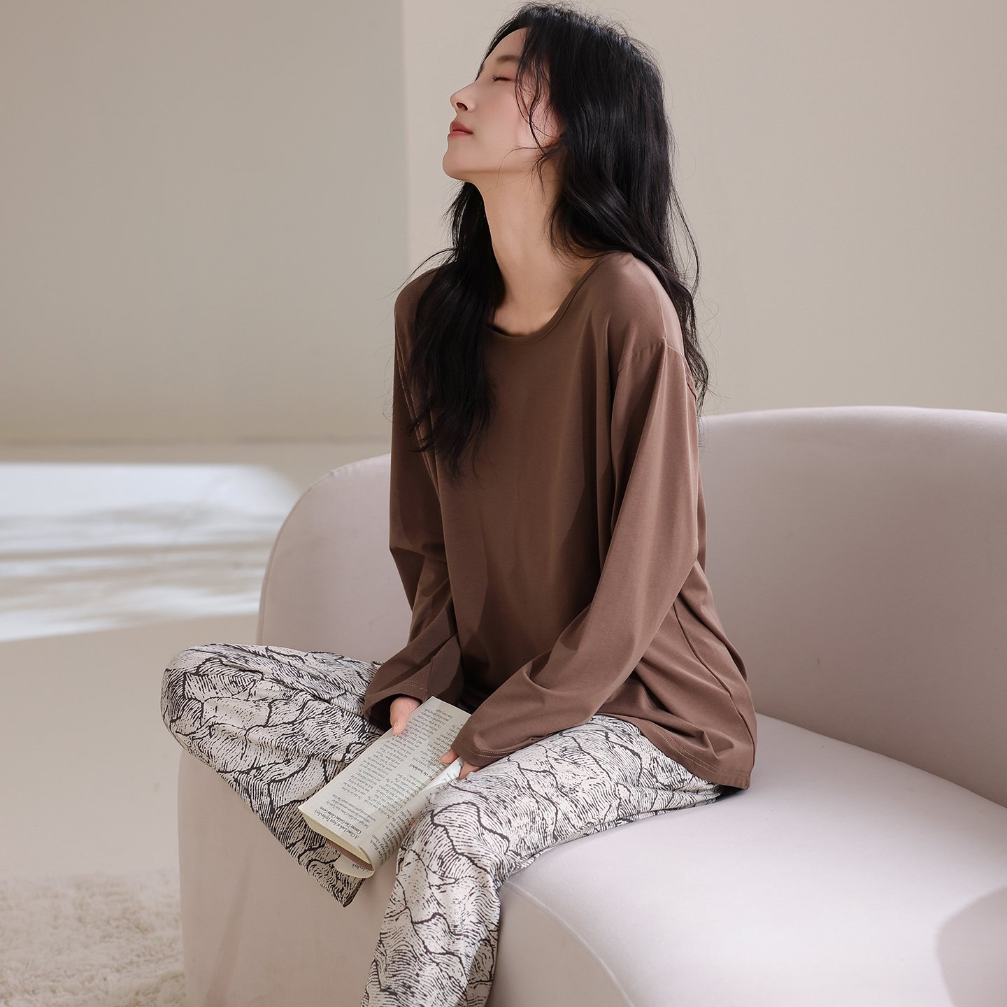 Vapetix M-XXL Qiao Mengran 2025 Autumn Cotton Crew Neck Long Sleeve Long Pants Pajama Set for Women Casual Comfor – Bild 3