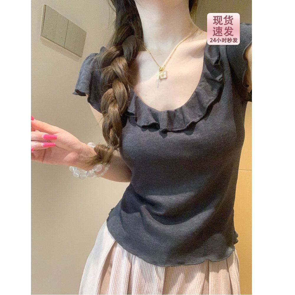 Vapetix S-XL MR Original Version Korean Style Grey Wood Ear Edge Large U-Neck Straight Shoulder Short Sleeve T-S – Bild 5