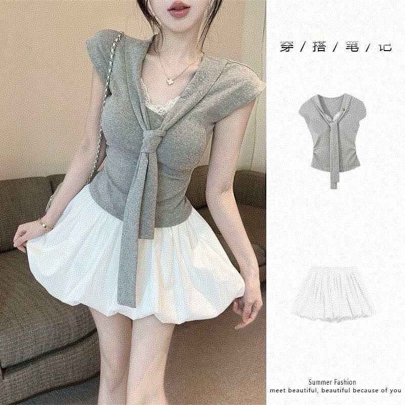 Vapetix S-XL MR Cozy Cotton Korean Style T-shirt Lace Short Sleeve Ribbon Pleated T-shirt Women's Summer Design