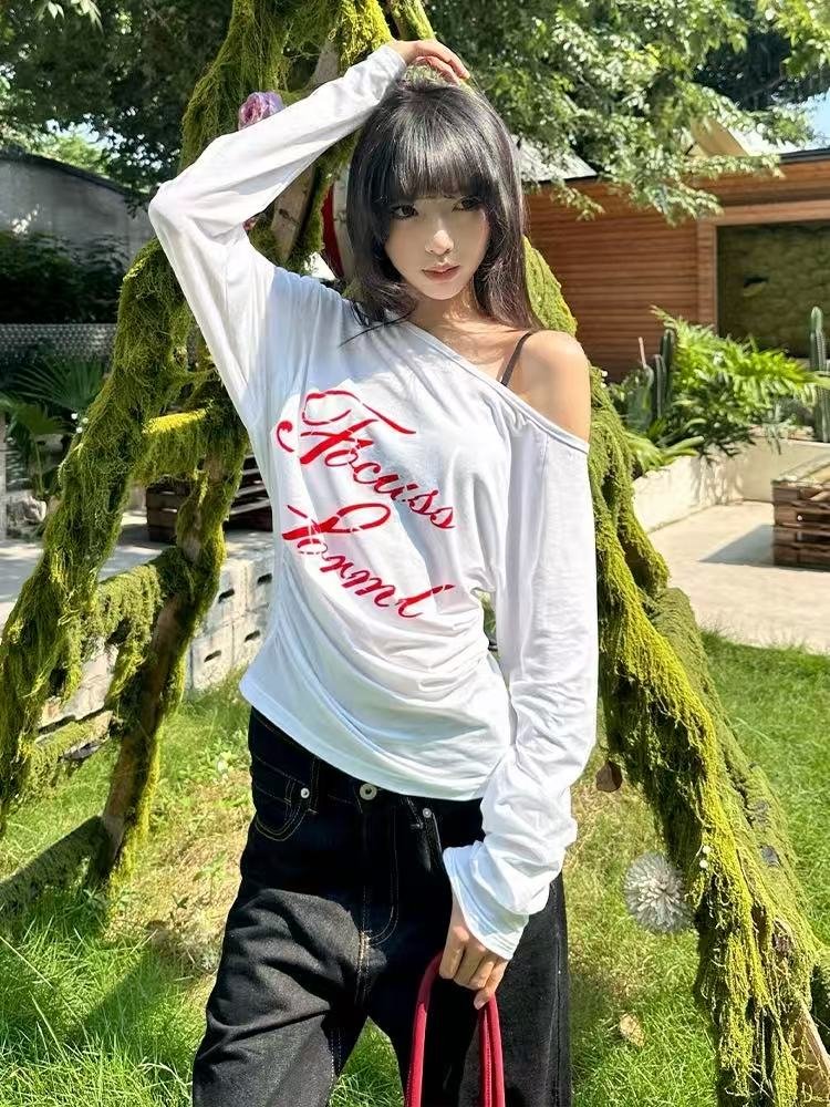 Vapetix M-2XL One-shoulder V-neck Vintage American Rocker Long-Sleeve T-Shirt for Women - Early Autumn Top (220g – Bild 3