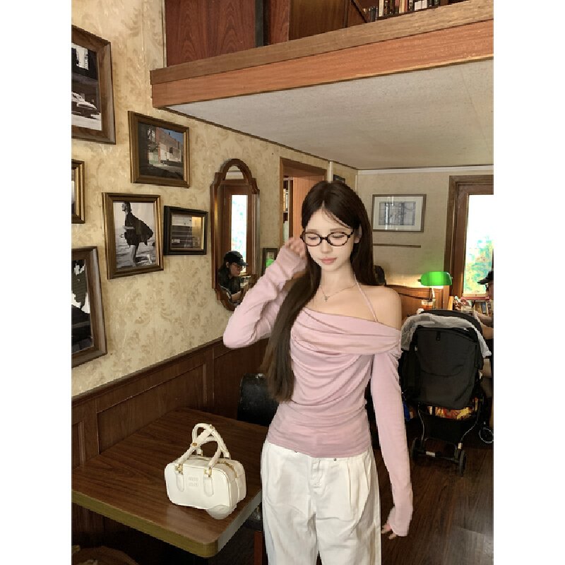 Vapetix S-XL Photographed Autumn Korean Pure Desire Swing Collar One-Shoulder Bodycon Neckline Pleated Long-Slee – Bild 2