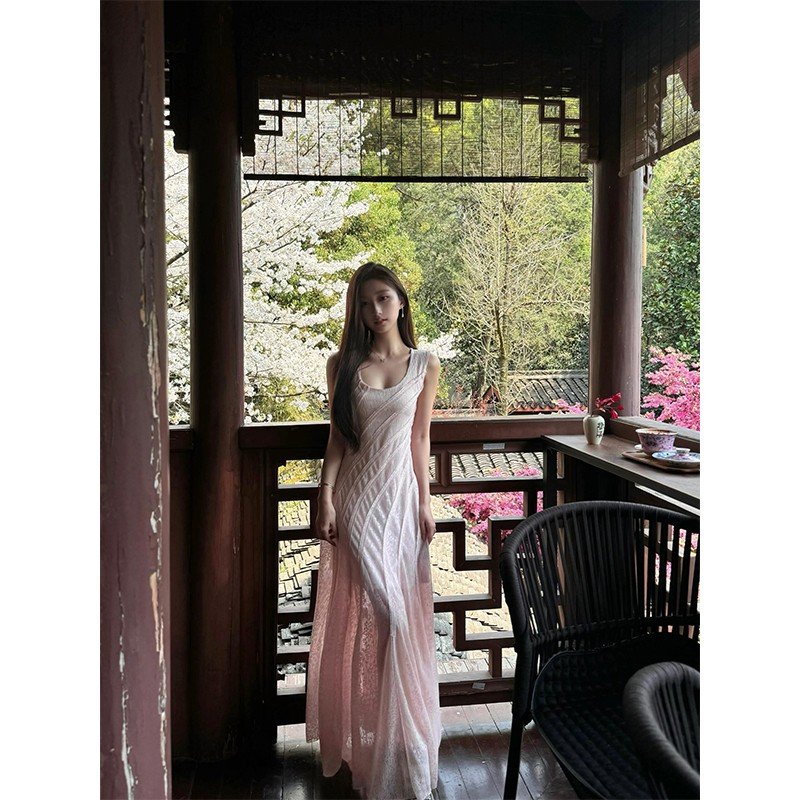 Vapetix S-XL Pink U-neck Sleeveless Vest Dress Women's Summer Slim-Fit Waist-Controlled Lace Skirt Design Sensua