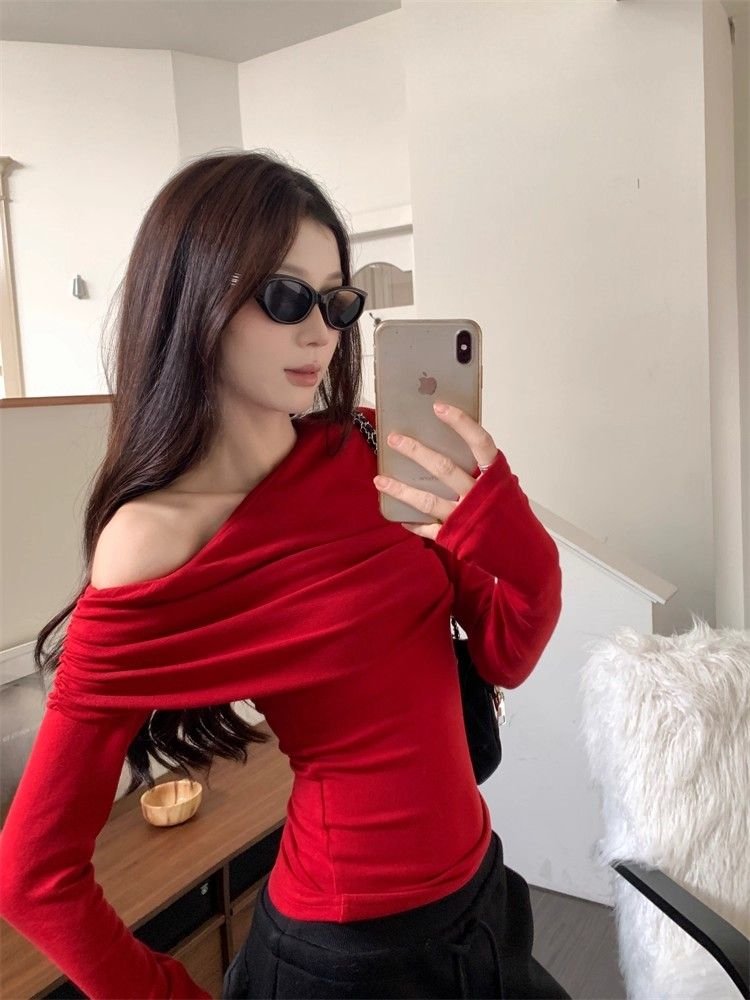 Vapetix S-XL Ankorah Red Slanted Collar Off-the-Shoulder Base Shirt for Women, 2025 Autumn Christmas New Year Ni – Bild 3