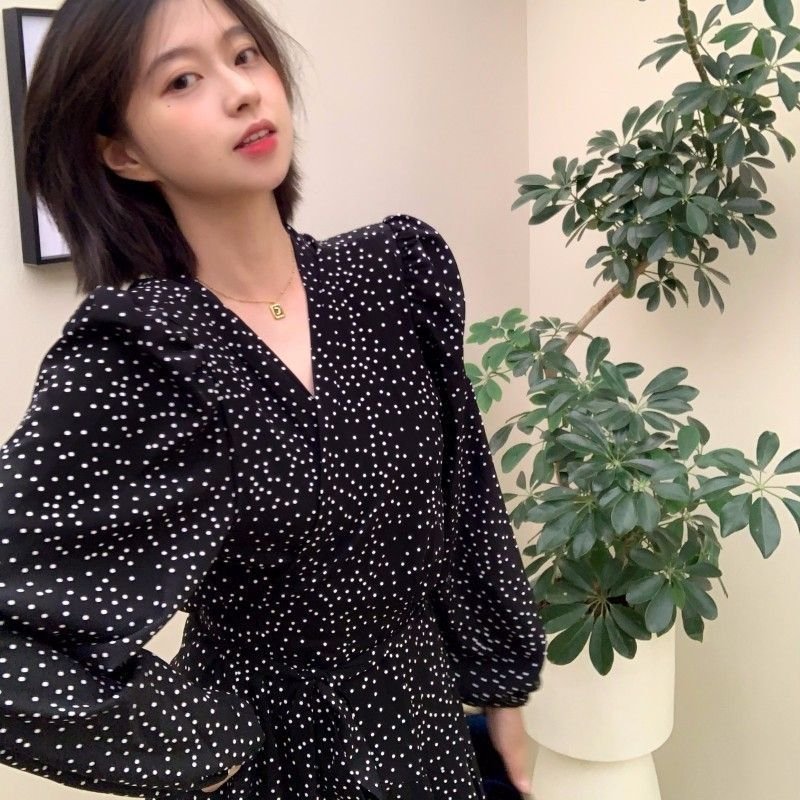 Vapetix S-XL Black polka dot floral long-sleeved dress for women in autumn 2024 new style of coffee break French – Bild 2