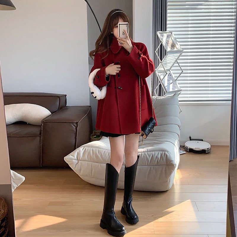 Vapetix S-2XL Women's Red Wool Coat 2025 Autumn/Winter New Korean Style Slimming Shorty Cow Bone Button Wool Coat – Bild 5