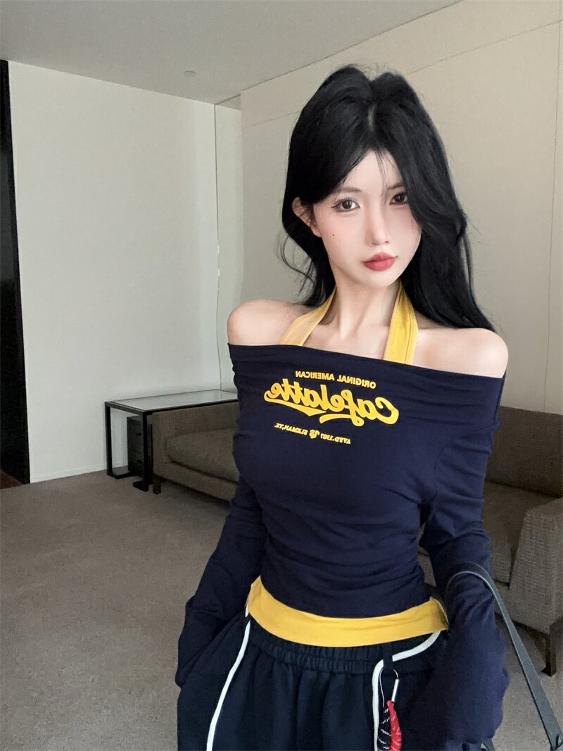 Vapetix Free Size-Free Size ~2025 New Pure Desire Color Block Collared False Two-Piece Letter Print Long-Sleeve T-Shirt Slimmin