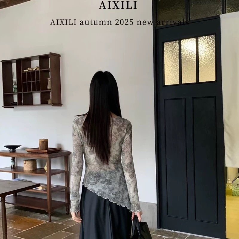 Vapetix Free Size-Free Size Aisili Home 2025 Autumn New Chic Gradient Pile-Neck Ruffled Lace Long-Sleeve T-Shirt for Women – De – Bild 2