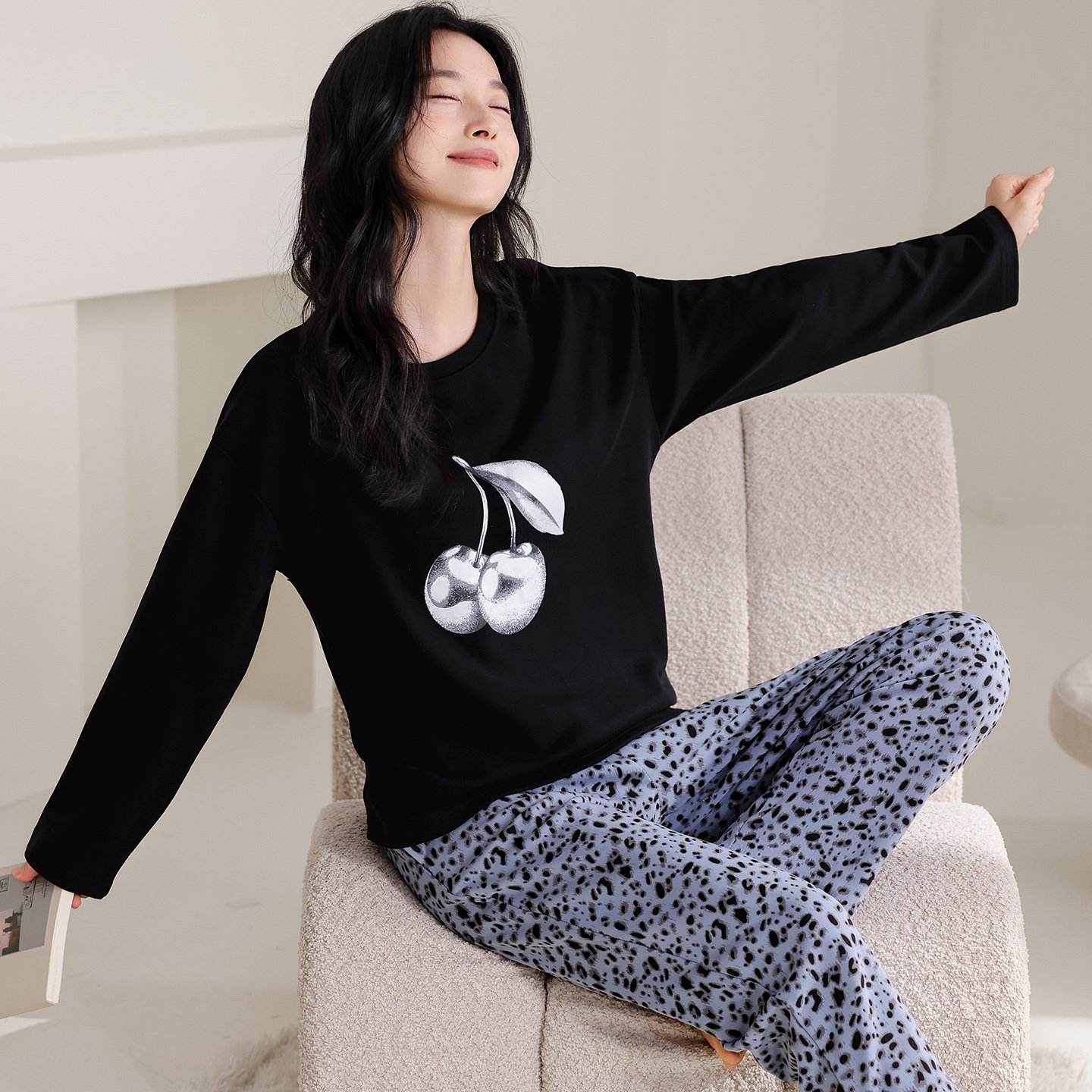 Vapetix M-XXL Qiao Mengran 2025 Autumn Pure Cotton Crew Neck Long Sleeve Long Pants Women's Pajama Set Casual Com