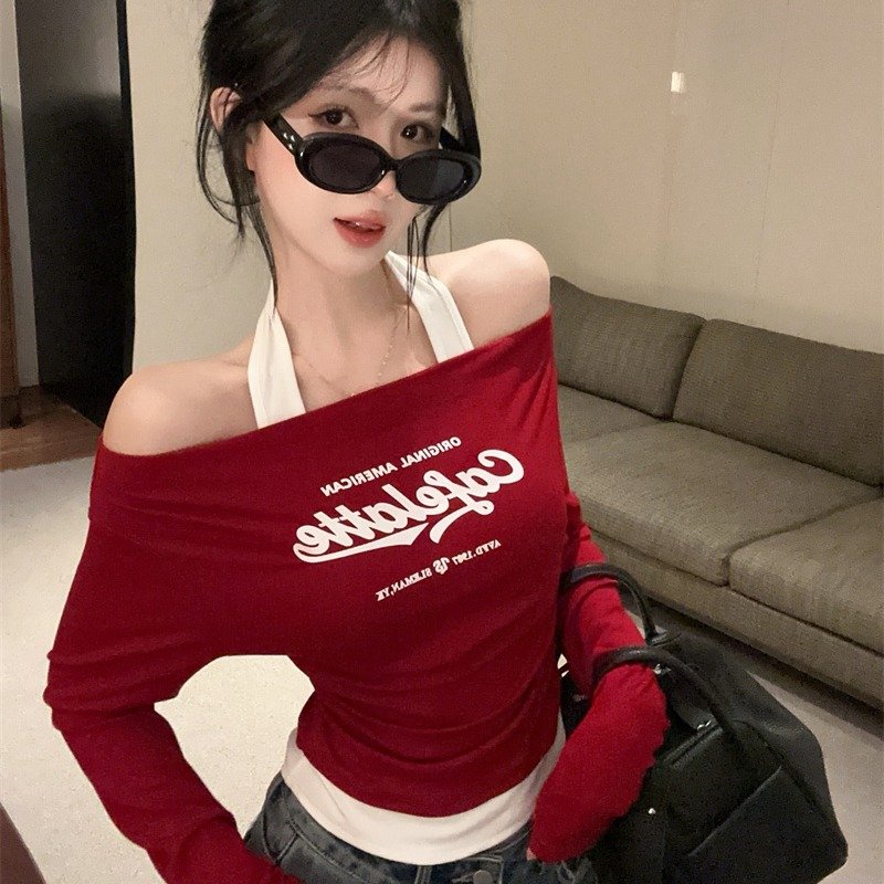 Vapetix Free Size-Free Size ~2025 New Pure Desire Color Block Collared False Two-Piece Letter Print Long-Sleeve T-Shirt Slimmin – Bild 2