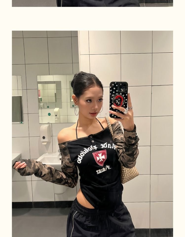 Vapetix S-XL 40-count premium cotton American-style vintage camouflage spliced long-sleeve T-shirt—slimming, fig