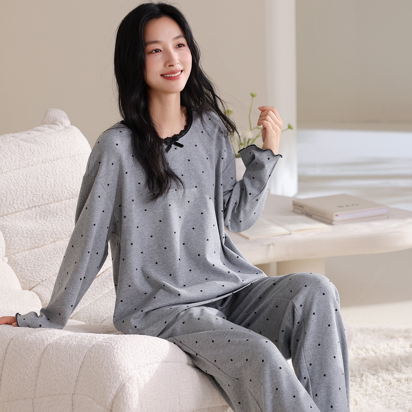 Vapetix M-XXL A set of pure cotton crew neck long sleeve long pants pajamas for women by Qiao Mengran, 2025 autum – Bild 4