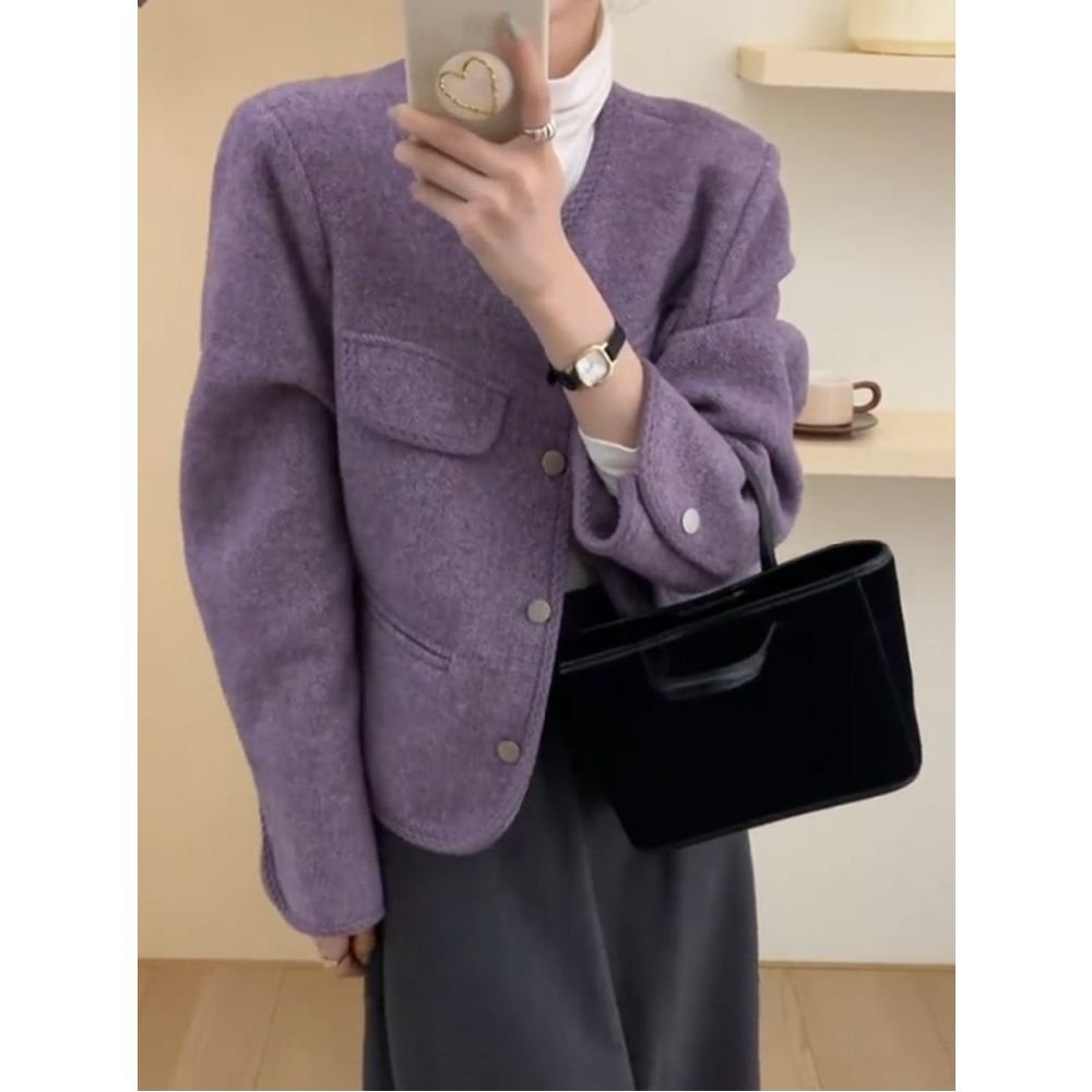 Vapetix S-2XL Women's 2025 Autumn/Winter Purple Wool Coat with a Chic and Sophisticated Little Black Dress Style,