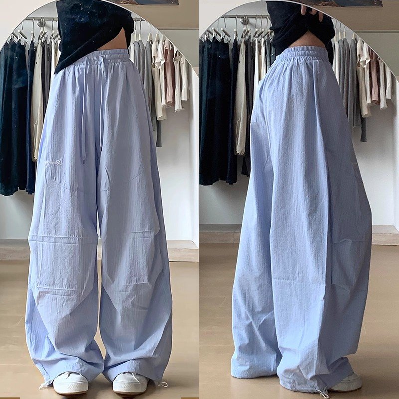 Vapetix S-2XL Women's 2025 Summer New Retro Light Blue Striped Casual Pants Wide Leg Loose Slimming Straight Leg – Bild 2