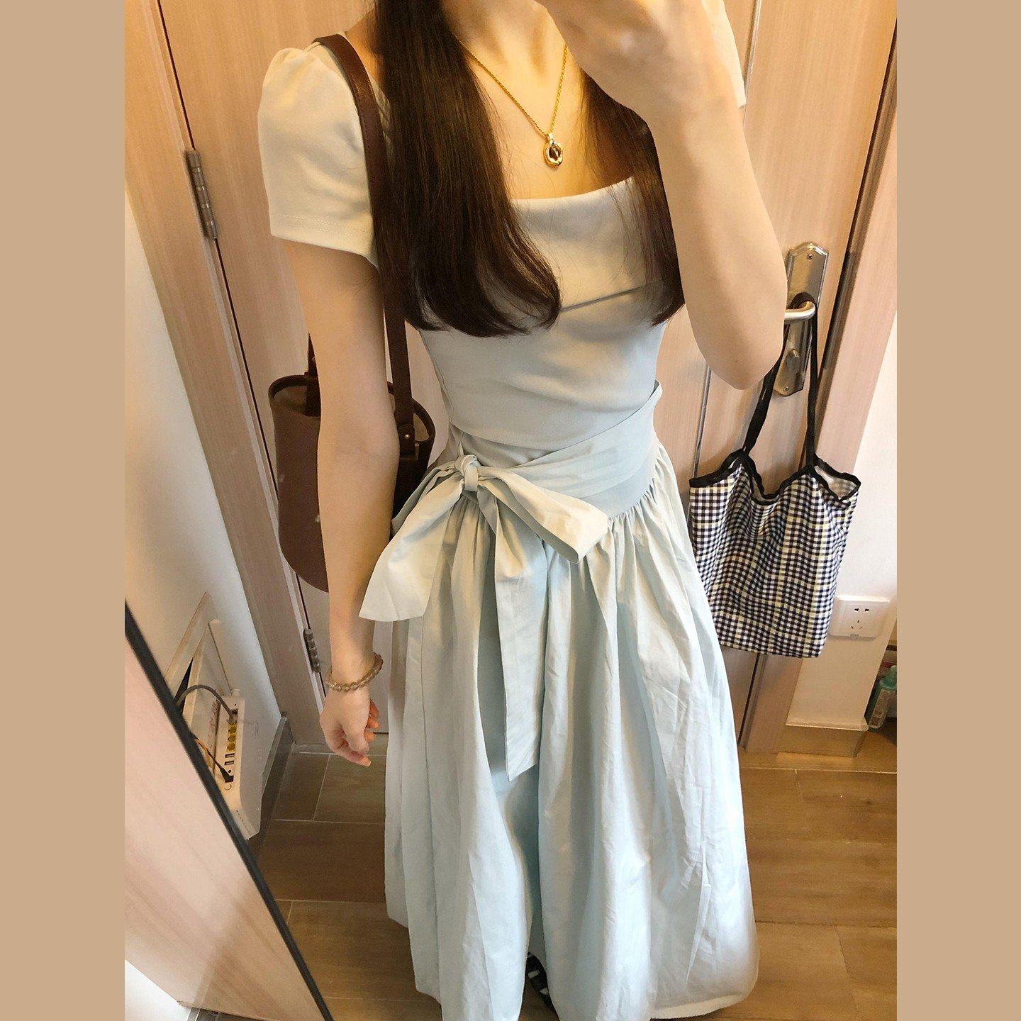 Vapetix S-XL French Gentle Style Square Collar Short Sleeve Dress for Women 2025 Summer New Arrival Waist Cinchi