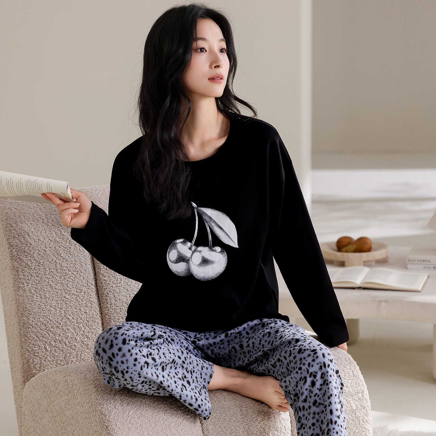 Vapetix M-XXL Qiao Mengran 2025 Autumn Pure Cotton Crew Neck Long Sleeve Long Pants Women's Pajama Set Casual Com – Bild 5