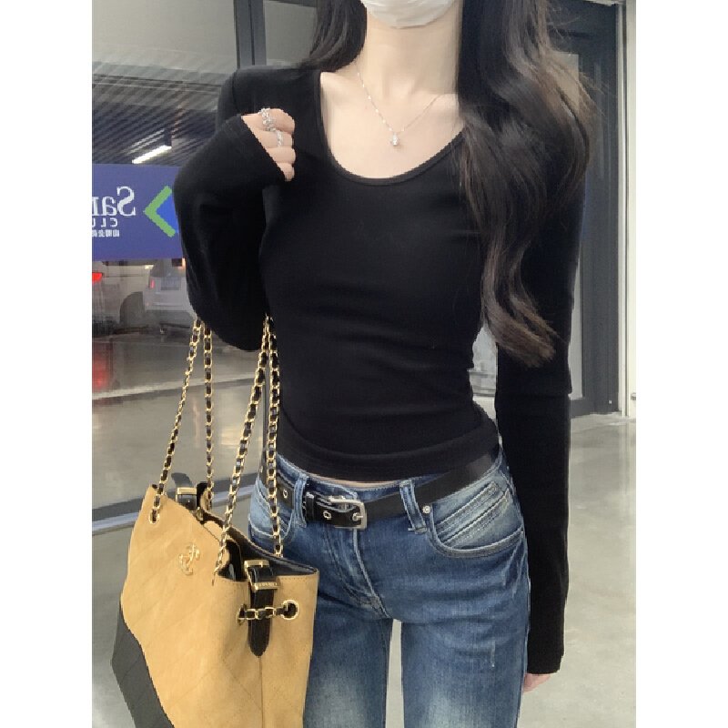 Vapetix S-XL Photographed Autumn Korean Style Fitted Slimming U-Neck Elegant Gentle Long-Sleeved Inner T-shirt B – Bild 3