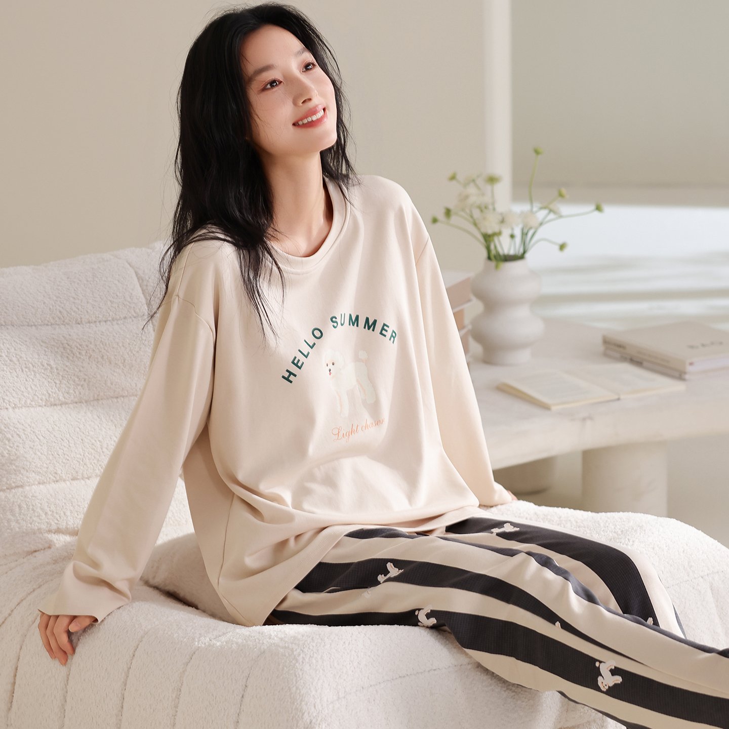 Vapetix M-XXL Women's Pure Cotton Crew Neck Long Sleeve Long Pants Pajama Set for 2025 Autumn - Casual, Comfortab – Bild 5