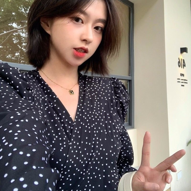 Vapetix S-XL Black polka dot floral long-sleeved dress for women in autumn 2024 new style of coffee break French – Bild 3