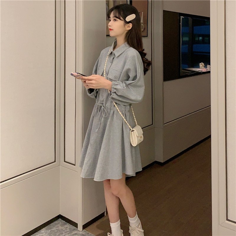 Vapetix S-2XL Women's A-line Long-sleeved Dress with Polo Neck and Drawstring Waist, Slimming for Petite Figures,