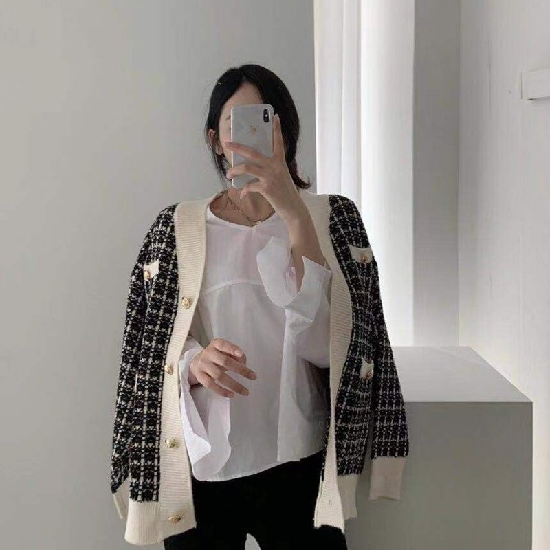 Vapetix Average code-Average code Korean chic versatile simple style contrast color single breasted checked sweater cardigan long sle – Bild 4