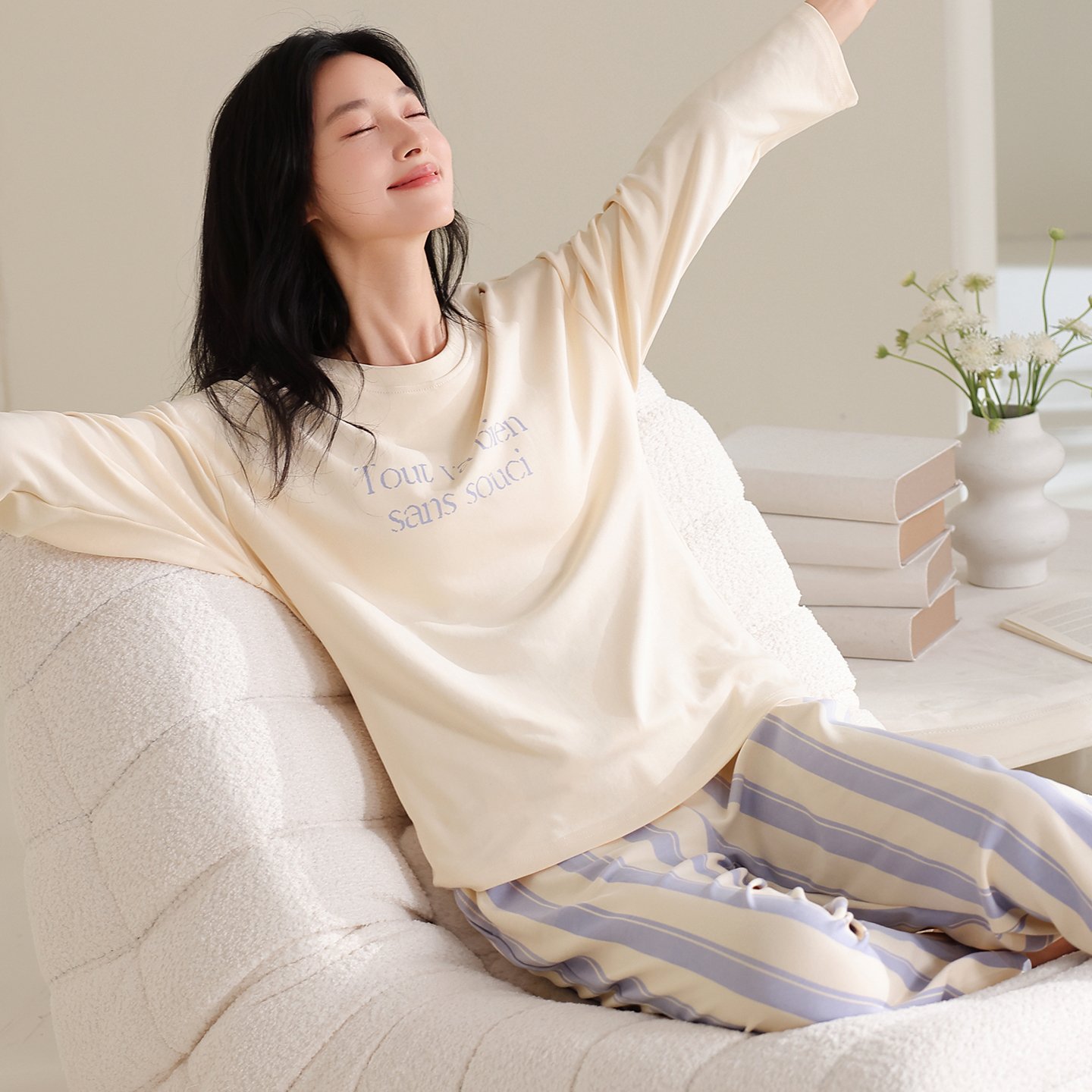 Vapetix M-XXL Qiao Mengran 2025 Autumn Pure Cotton Crew Neck Long Sleeve Long Pants Women's Pajama Set Casual Com – Bild 2