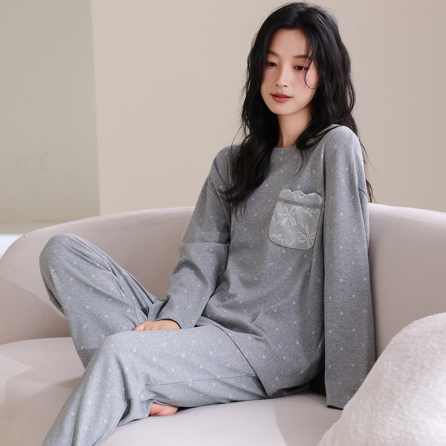 Vapetix M-XXL Qiao Mengran 2025 Autumn Pure Cotton Crew Neck Long Sleeve Long Pants Women's Pajama Set Casual Com – Bild 2