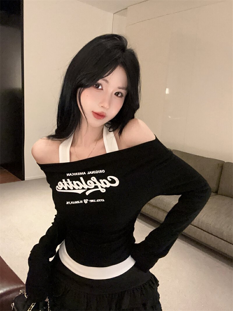 Vapetix Free Size-Free Size ~2025 New Pure Desire Color Block Collared False Two-Piece Letter Print Long-Sleeve T-Shirt Slimmin – Bild 3