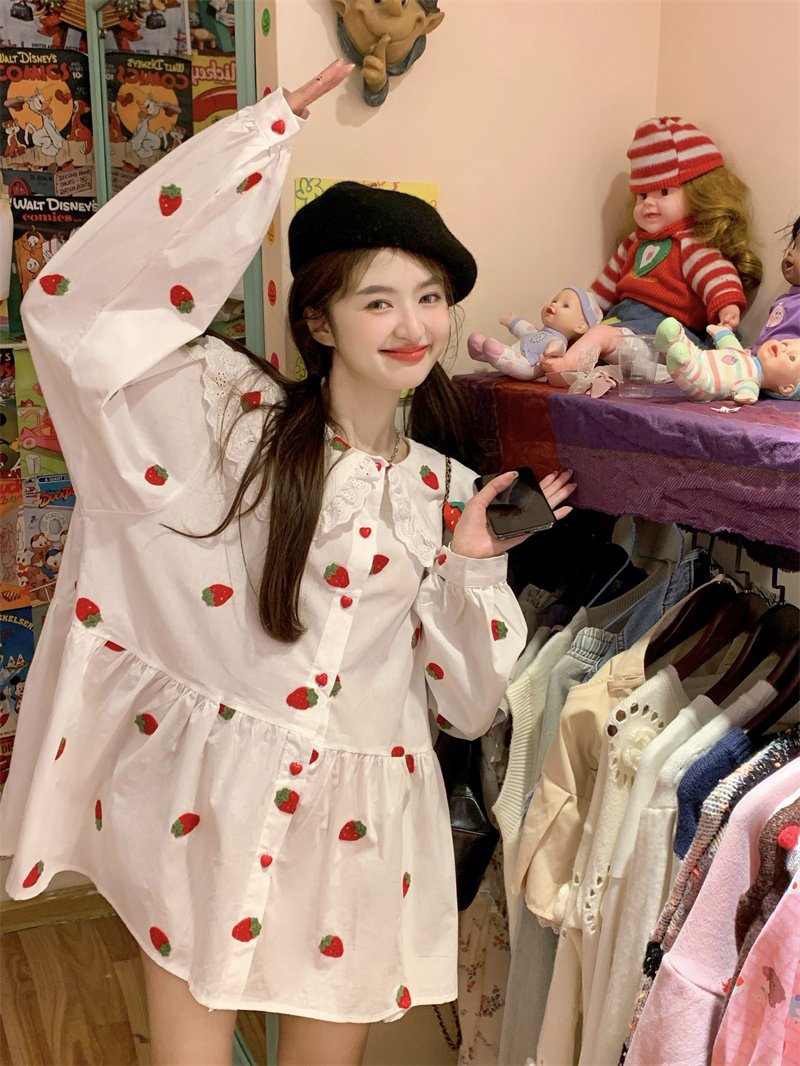 Vapetix S-2XL Spring 2025 Sweet Korean Style Long-Sleeve Dress for Women - New Arrival Strawberry Heavy Work Prin – Bild 5