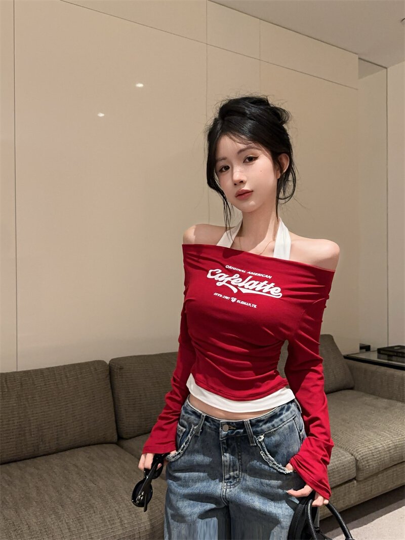 Vapetix Free Size-Free Size ~2025 New Pure Desire Color Block Collared False Two-Piece Letter Print Long-Sleeve T-Shirt Slimmin – Bild 4