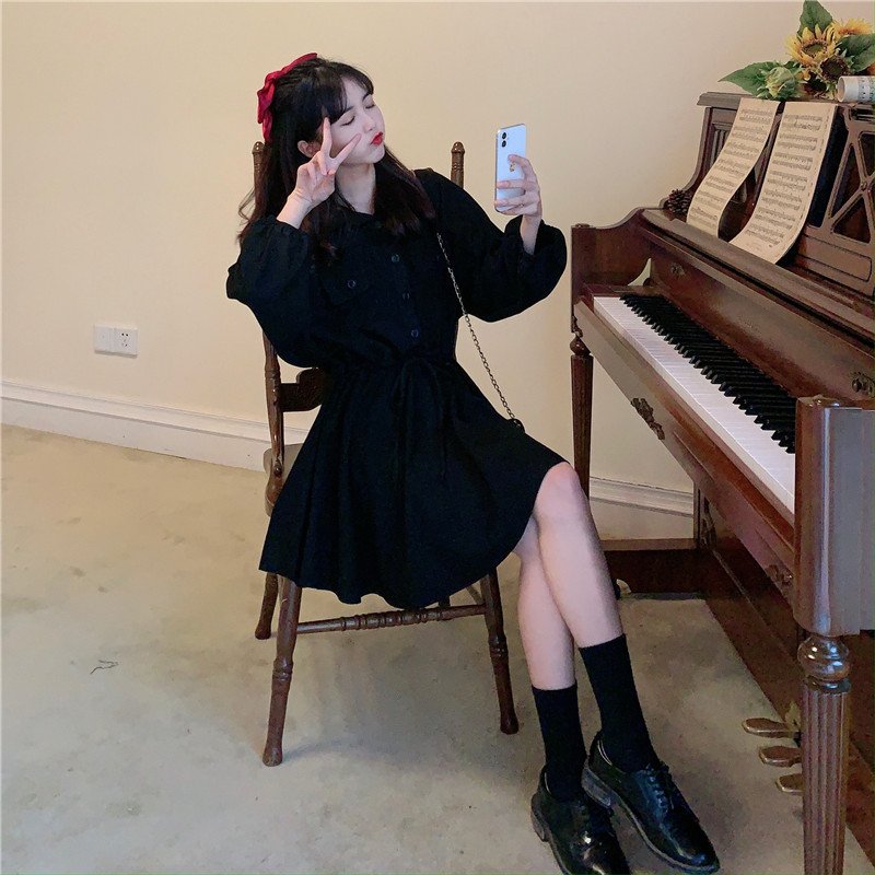 Vapetix S-2XL Women's A-line Long-sleeved Dress with Polo Neck and Drawstring Waist, Slimming for Petite Figures, - 图片 2