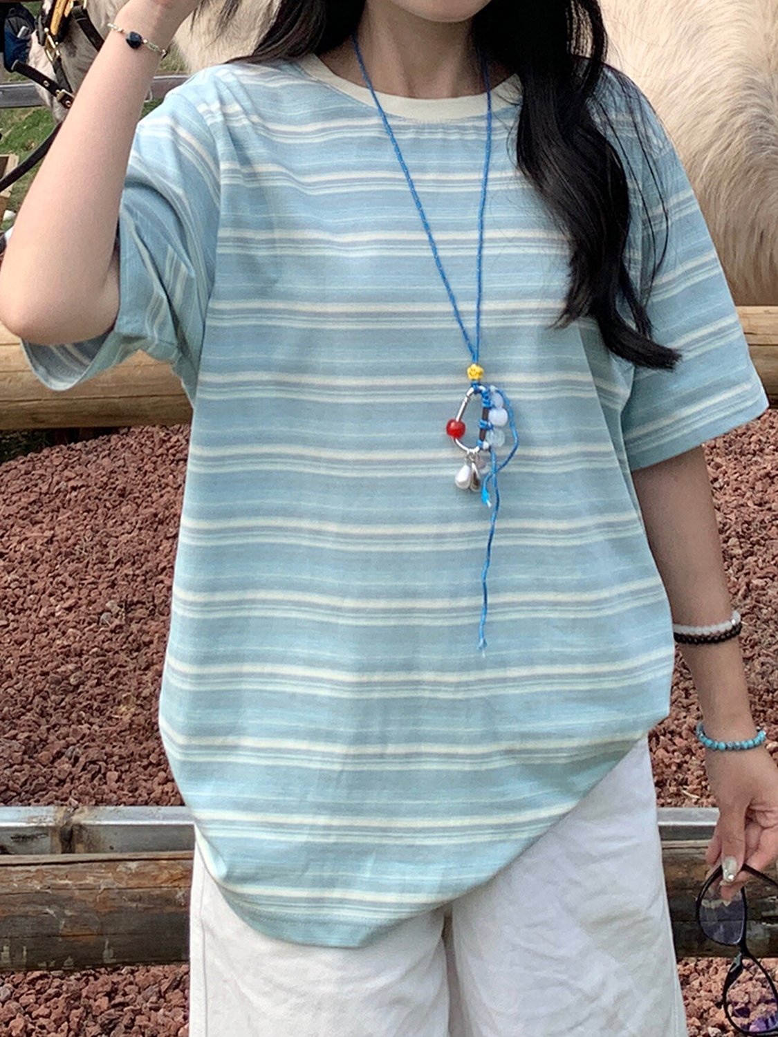Vapetix S-L Oversized Crew Neck T-Shirt with Striped Color for Women - 2025 Spring and Summer Trendy Casual Han – Bild 5