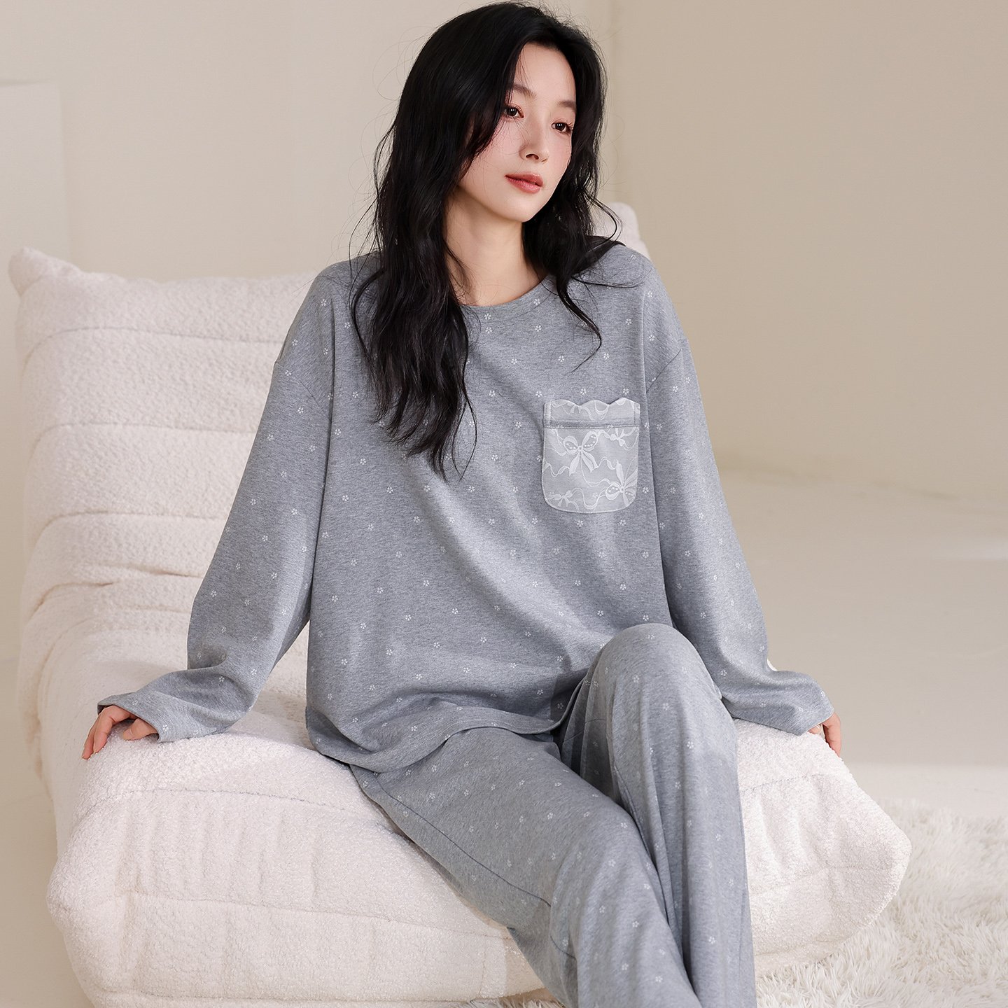 Vapetix M-XXL Qiao Mengran 2025 Autumn Pure Cotton Crew Neck Long Sleeve Long Pants Women's Pajama Set Casual Com – Bild 3