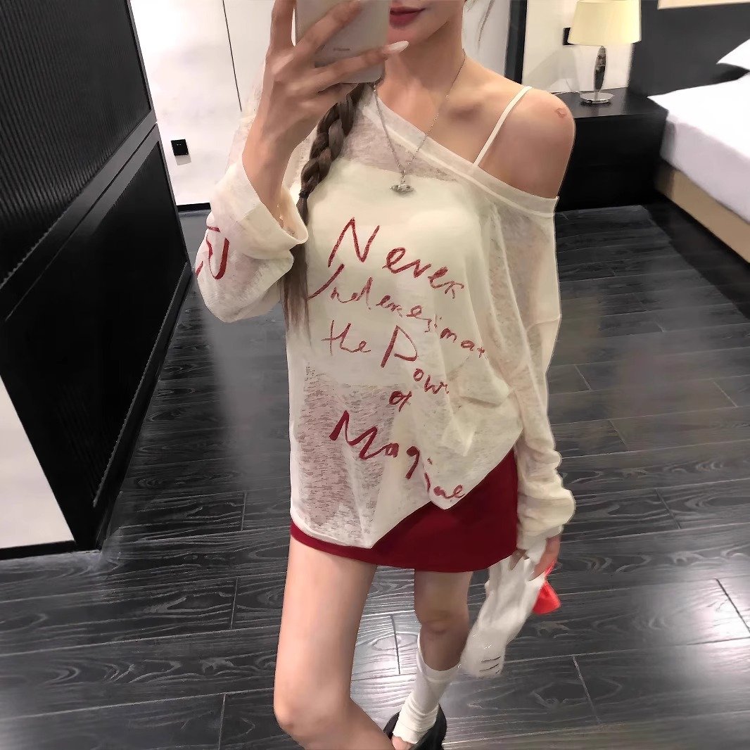 Vapetix S-XL MR【Cotton Linen Fabric】American Hot Girl Letter Print Sloping Shoulder Sun Protection Long Sleeve T - 图片 2