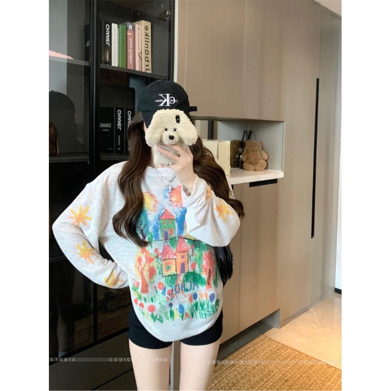 Vapetix S-XL MR【Original Rainbow Hemp】Retro Long-Sleeve T-Shirt for Women, Summer Hand-Painted Colorful Graffiti – Bild 2