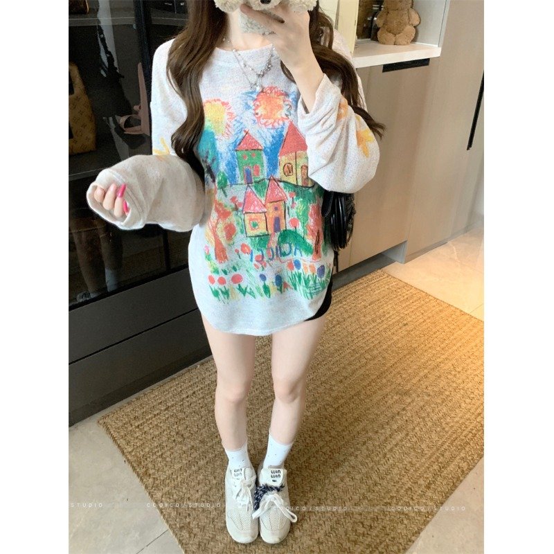 Vapetix S-XL MR【Original Rainbow Hemp】Retro Long-Sleeve T-Shirt for Women, Summer Hand-Painted Colorful Graffiti – Bild 3