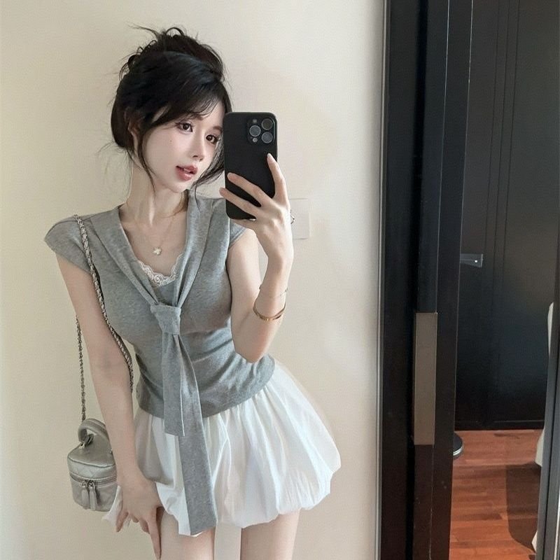 Vapetix S-XL MR Cozy Cotton Korean Style T-shirt Lace Short Sleeve Ribbon Pleated T-shirt Women's Summer Design – Bild 5