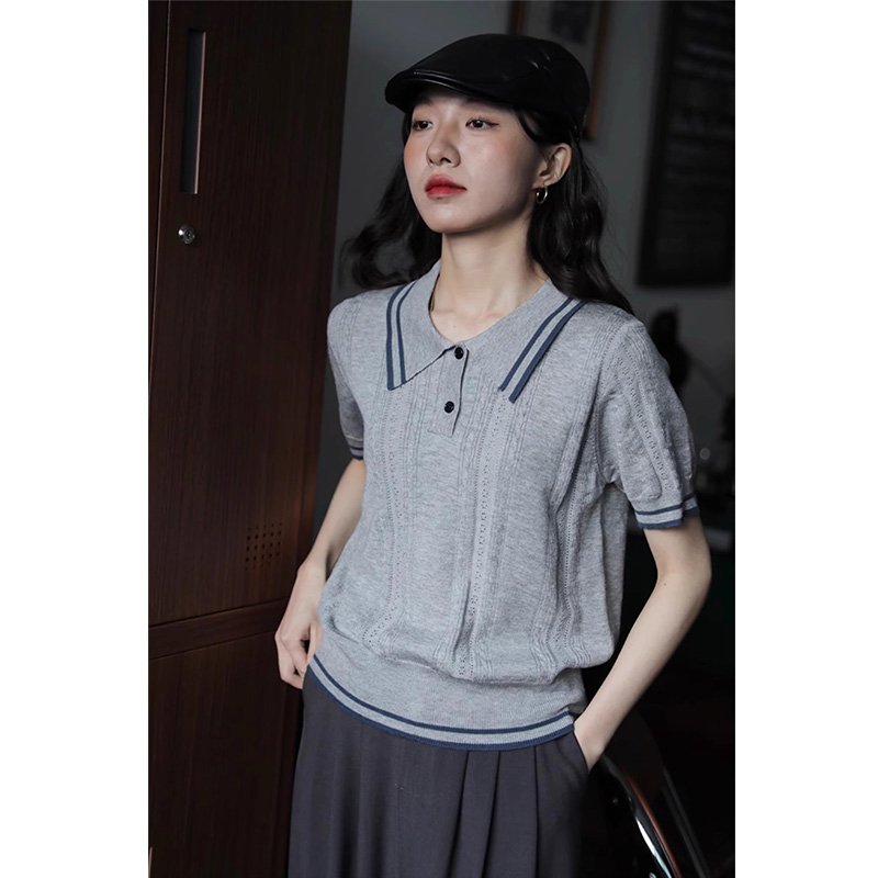 Vapetix Free Size-Free Size A stylish and unique short-sleeved knit T-shirt for women, featuring a versatile, color-blocked des - 图片 3